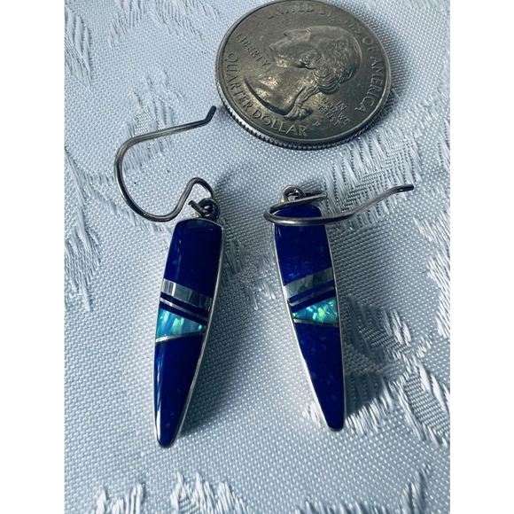 Lapis & Opal Sterling Silver Earrings - Navajo Silversmith Kenneth Bitsie 4.6 g - Picture 4 of 5
